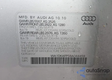 2011 Audi Q5 3.2 Premium Plus из США, поврежденный, VIN WA1DKAFP5BA044458